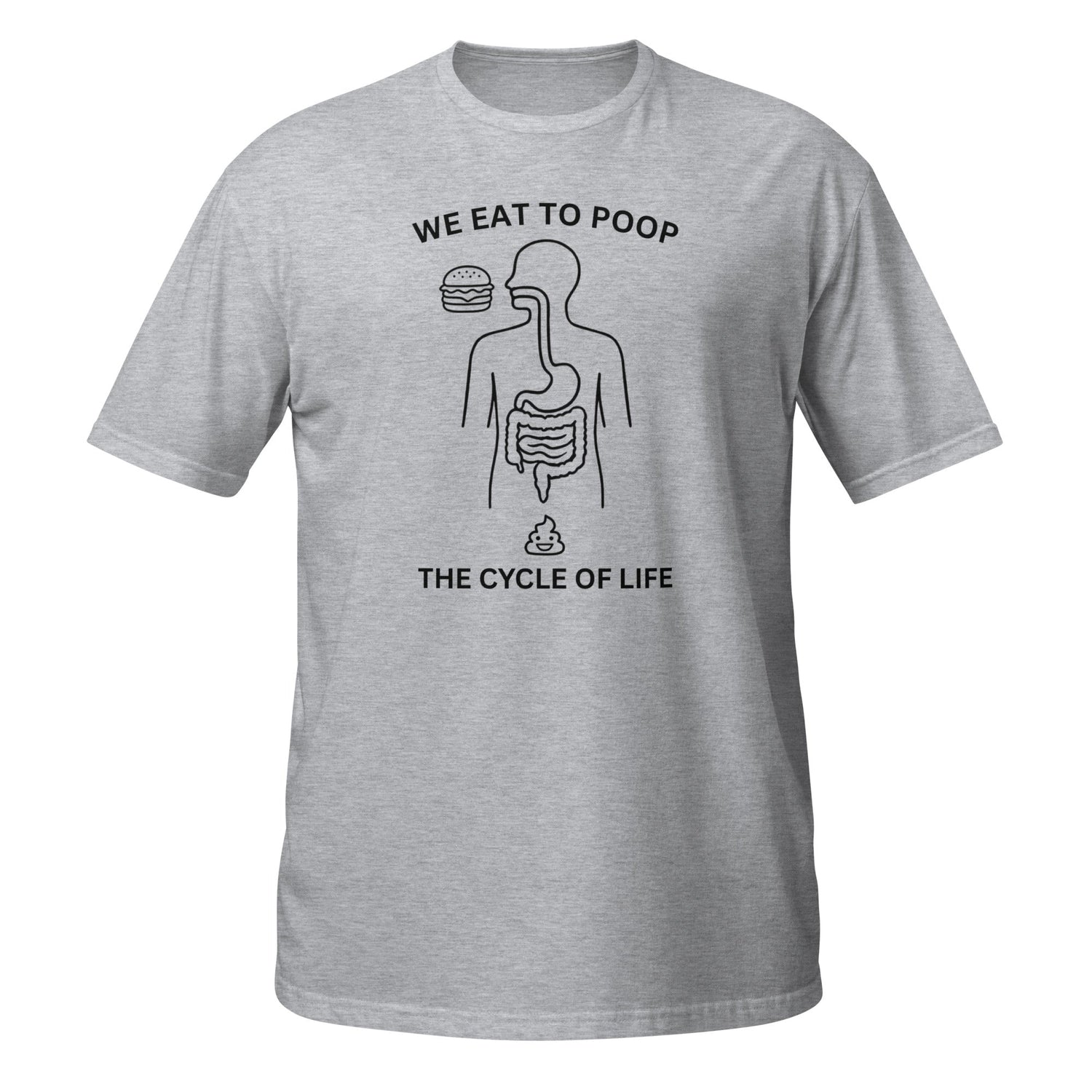 Gray t-shirt with humorous graphic and text on a white background