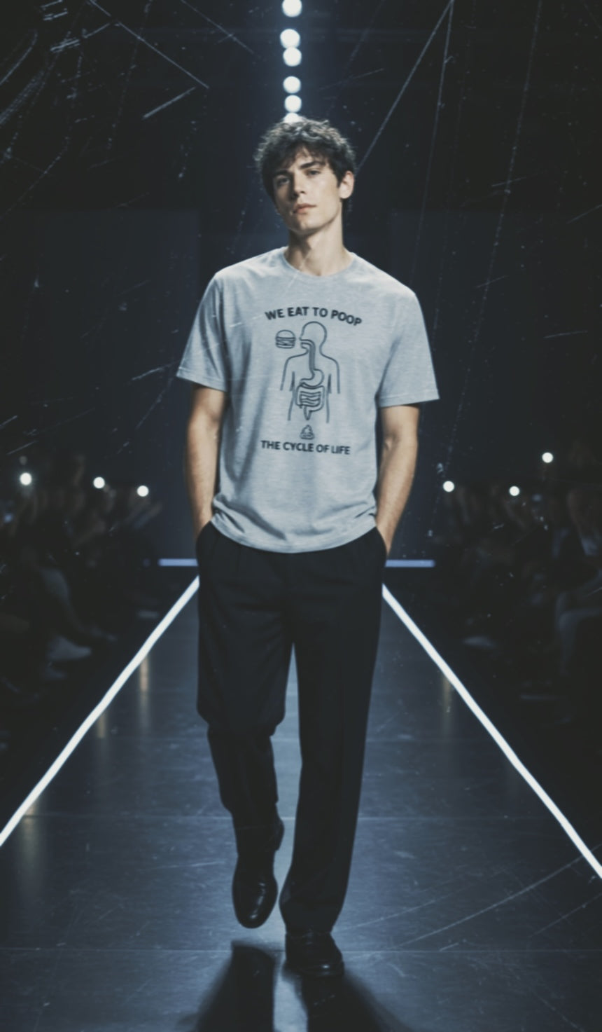 Person wearing a graphic t-shirt on a runway with dark background