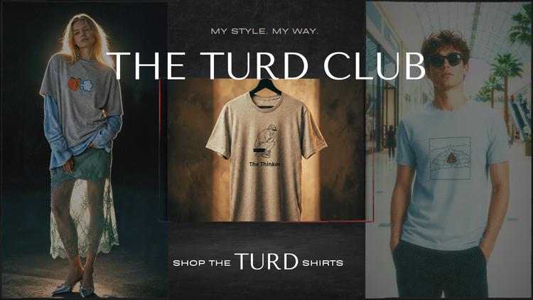 Promotional image for 'The Turd Club' featuring t-shirts with graphic designs
